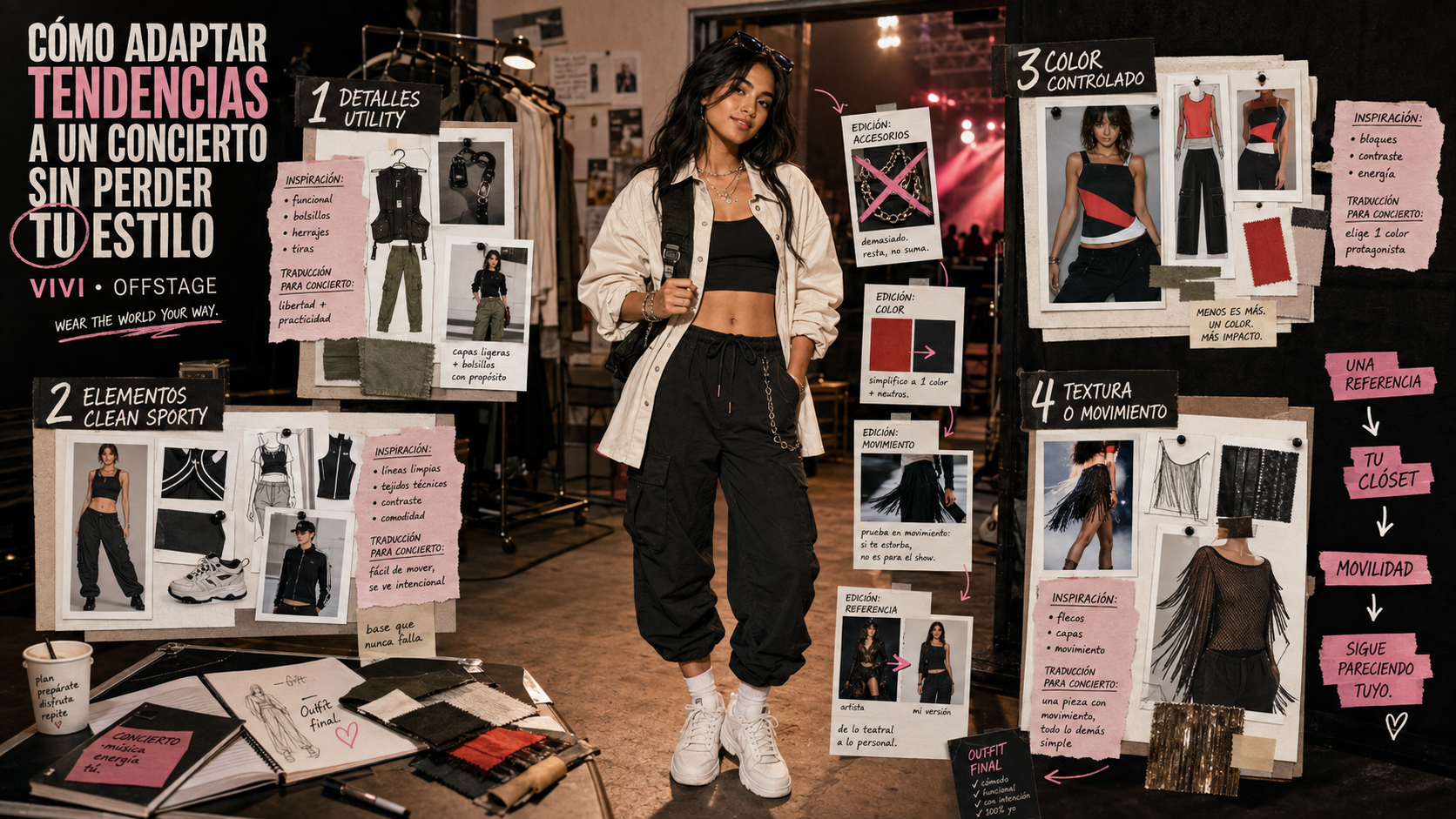 Vivi adapta detalles utilitarios, deportivos, de color y textura a un look funcional para concierto.