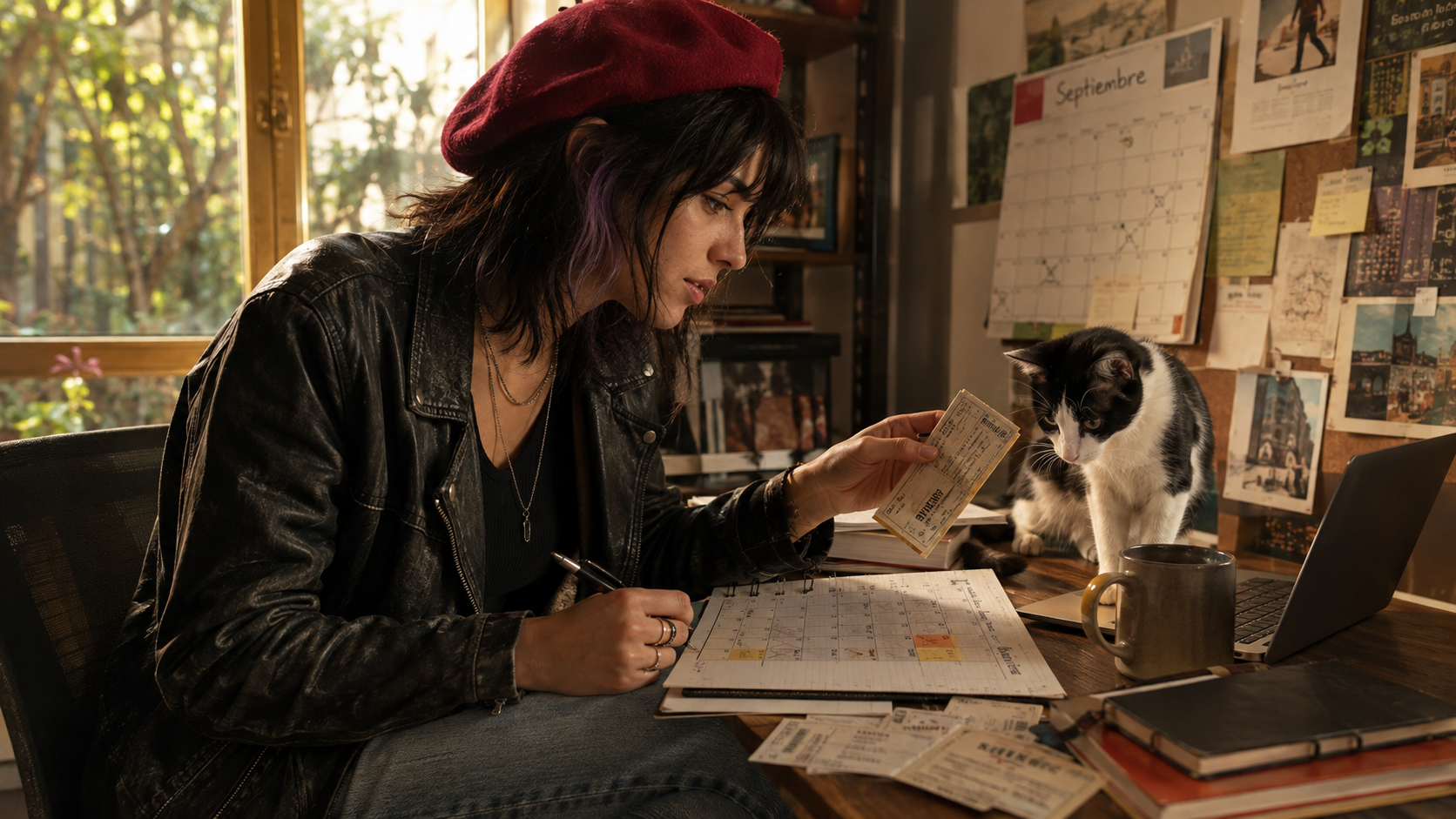 Astrid revisa una agenda de conciertos de septiembre en un escritorio mientras Oli observa los papeles.