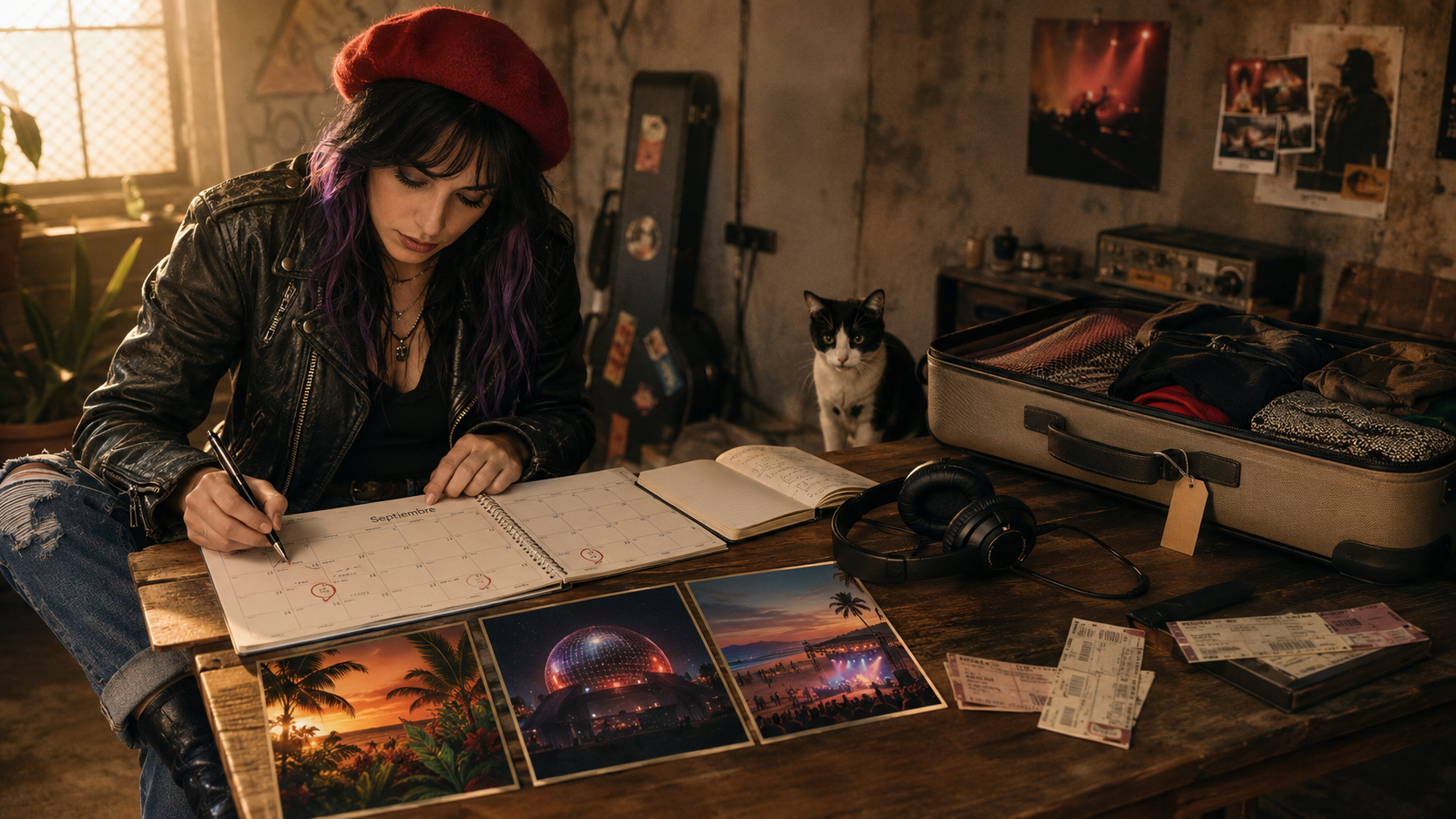 Astrid revisa tres opciones de viaje para conciertos de septiembre en un escritorio con notas de Nuevo Nayarit, Las Vegas y California.