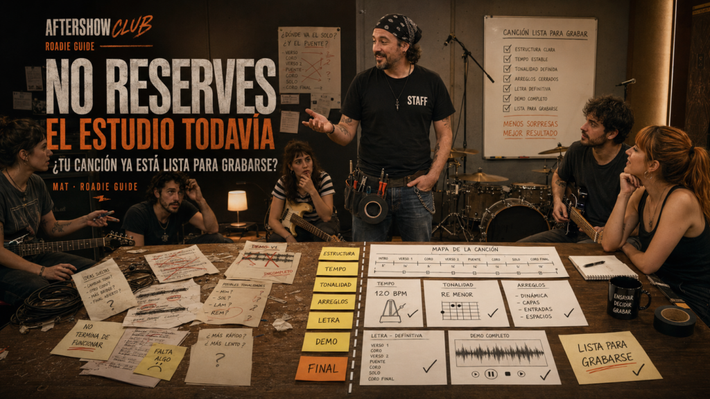Mat revisa con una banda la estructura, el tempo, los arreglos y una demo antes de entrar al estudio de grabación.