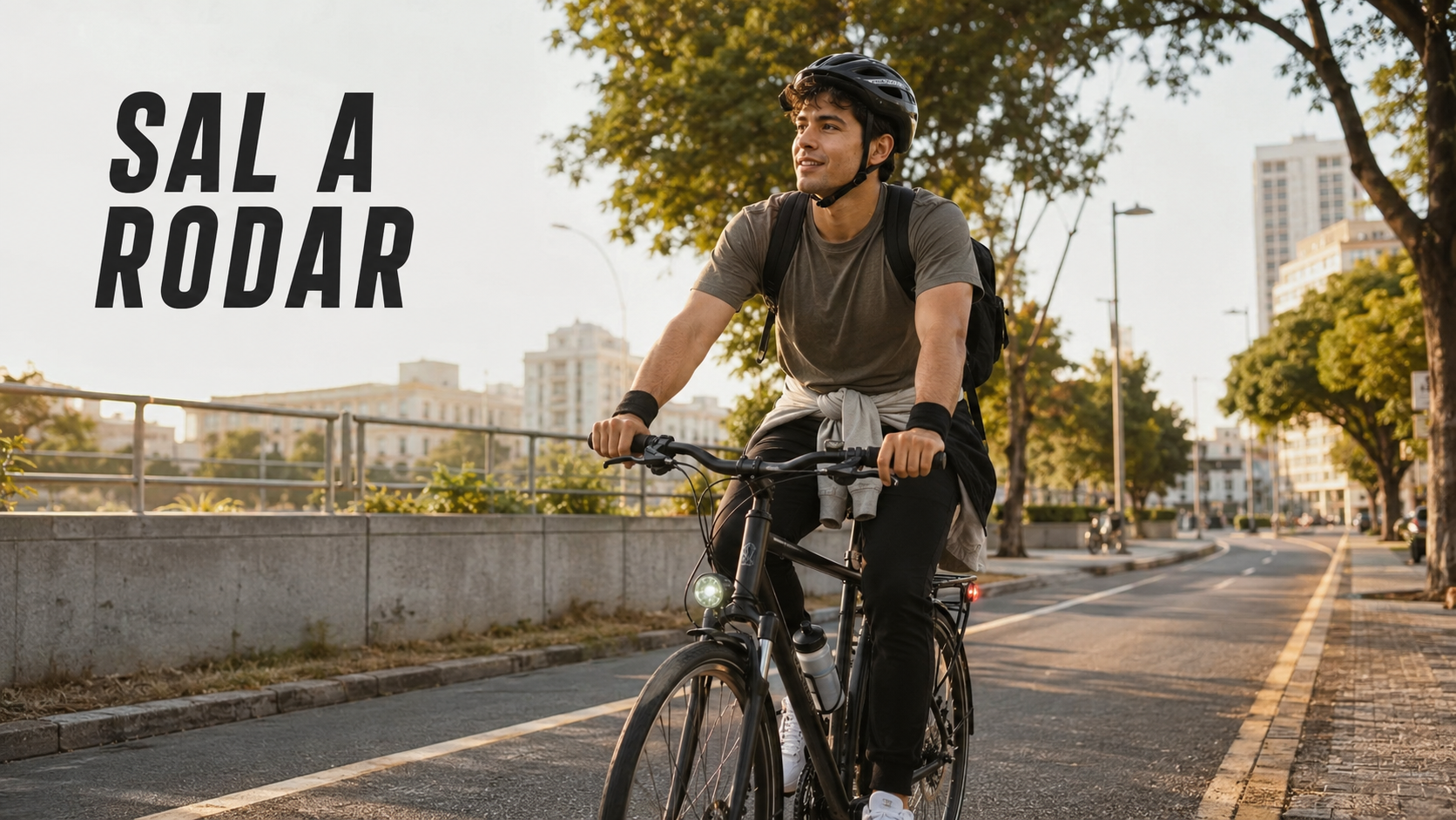 Bernny monta una bicicleta en una ruta urbana tranquila con casco y ropa cómoda.