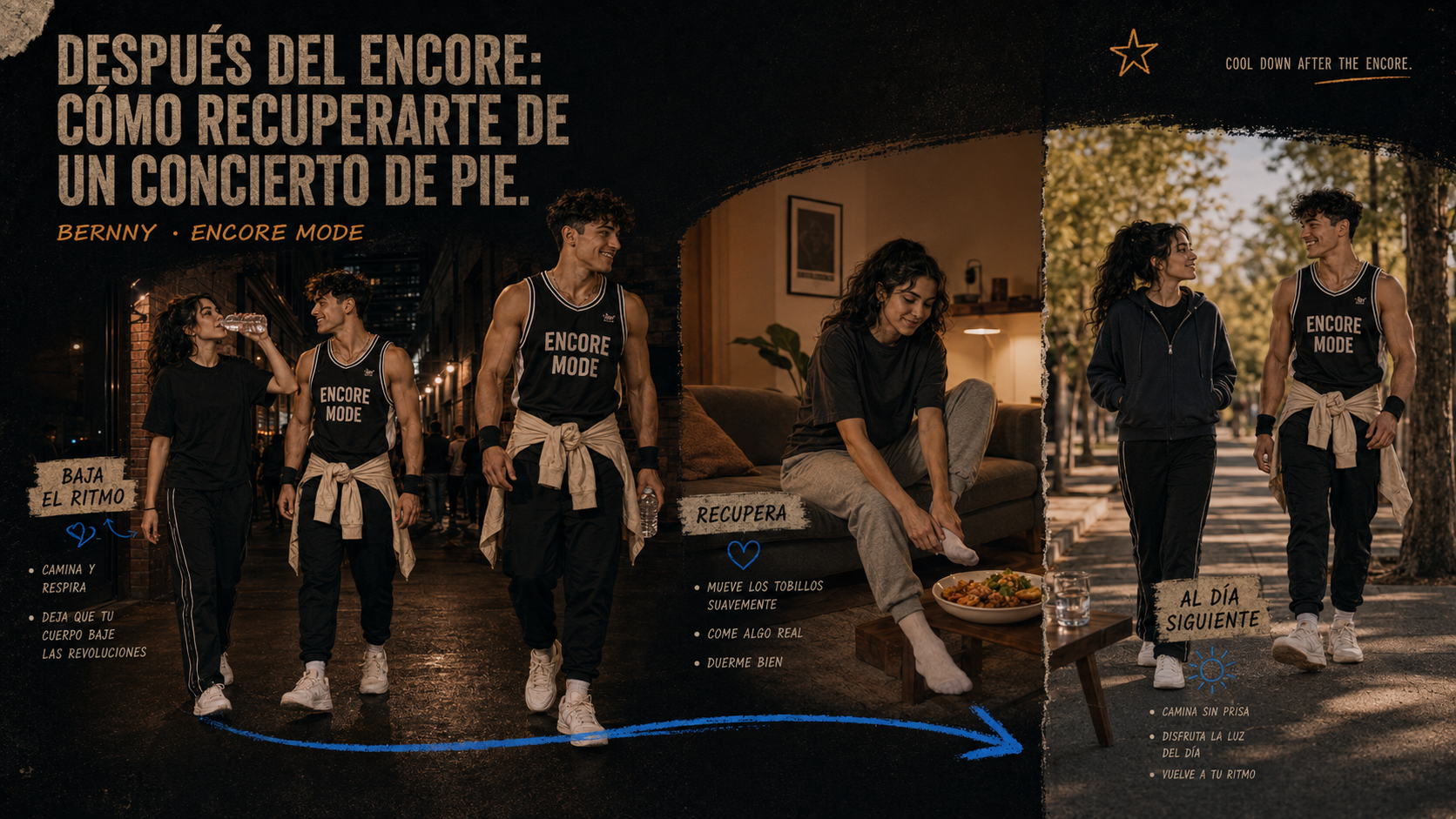 Bernny muestra una salida gradual, hidratación y movimiento ligero después de un concierto de pie.