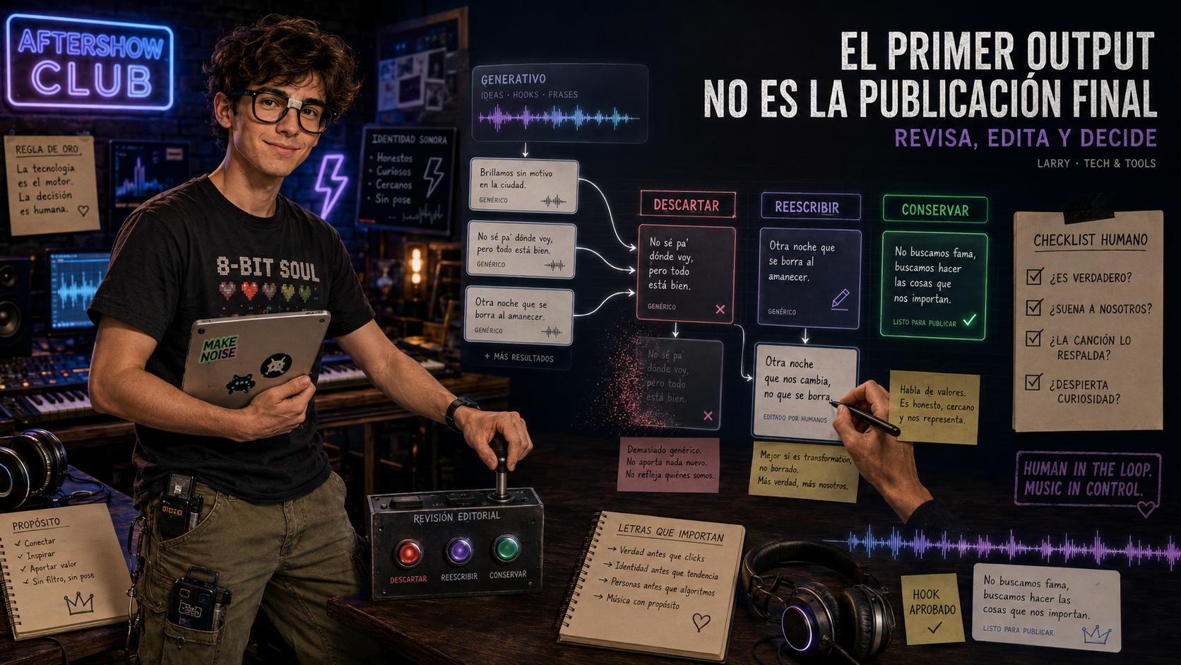 Larry clasifica frases generadas por IA entre descartar, reescribir y conservar antes de publicar contenido musical.