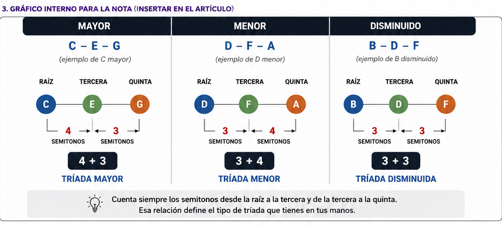Diagrama comparativo de tríadas mayor, menor y disminuida con ejemplos C–E–G, D–F–A y B–D–F y distancias de semitonos.