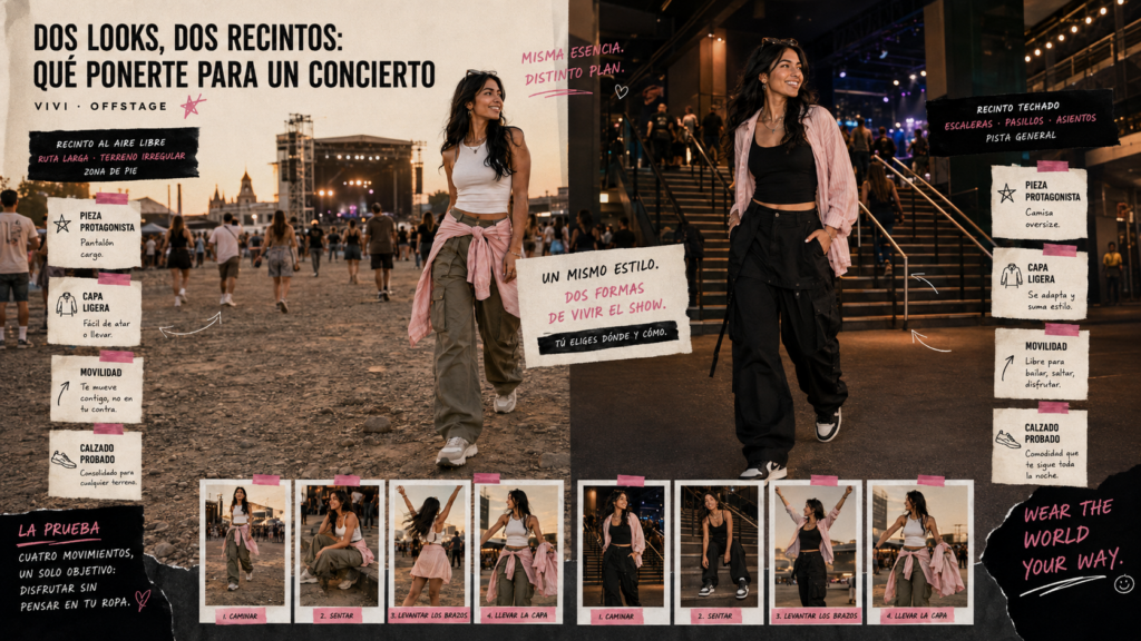 Vivi compara un look para foro abierto con otro para recinto cerrado antes de asistir a un concierto.