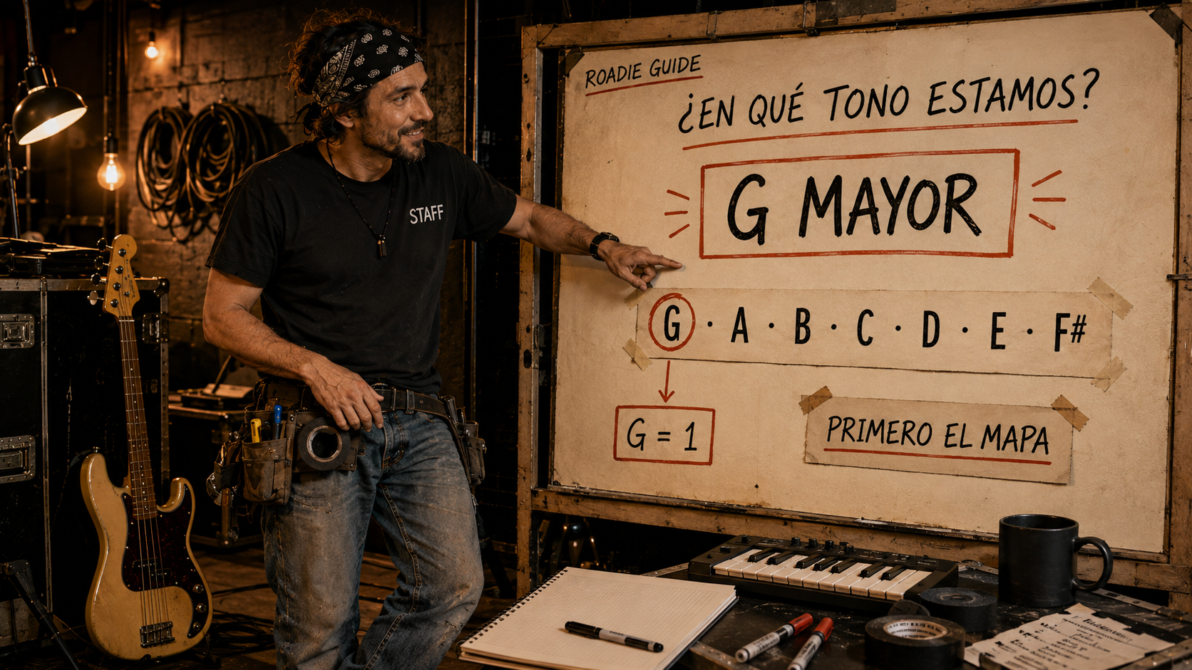 Mat, El Roadie, explica la tonalidad de G mayor en un tablero con las notas G, A, B, C, D, E y F sostenido.