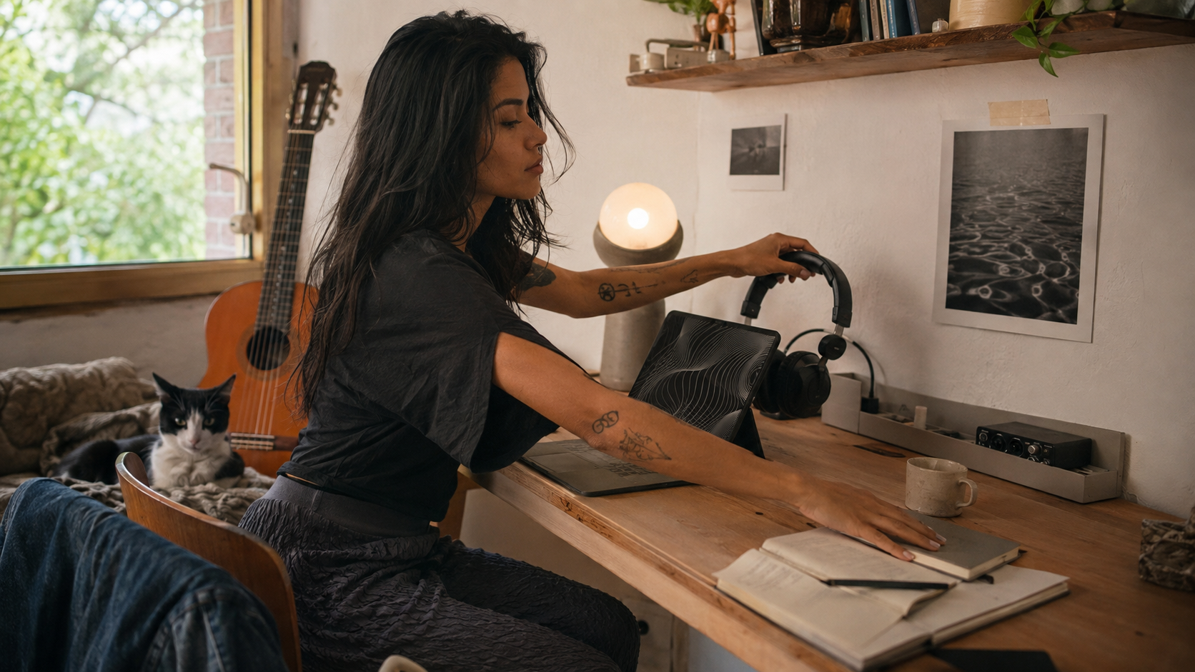 Vivi organiza un escritorio creativo con libreta, audífonos, lámpara y una guitarra en un espacio doméstico.