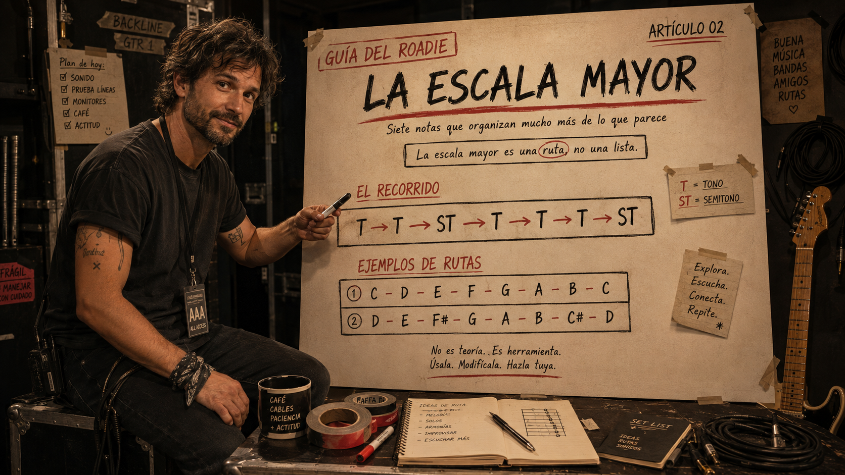 Mat señala un tablero con la fórmula de la escala mayor y ejemplos de C mayor y D mayor en un entorno de backstage musical.