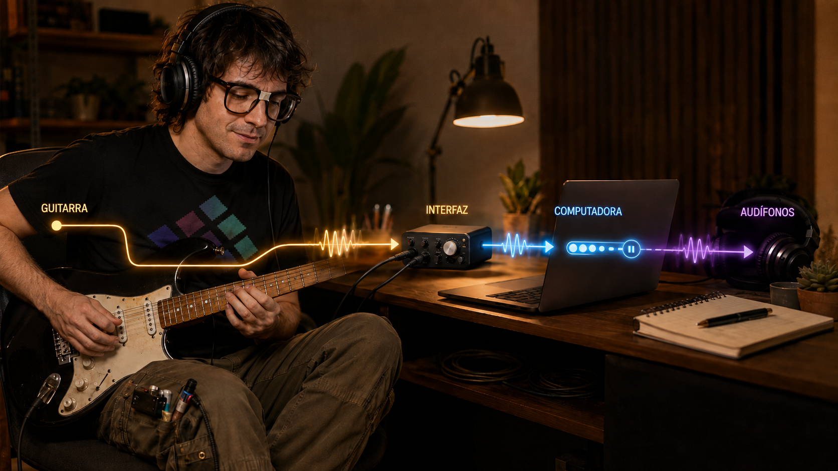 Larry toca una guitarra frente a una interfaz de audio y una computadora mientras una ruta gráfica representa el recorrido de la señal hasta los audífonos.