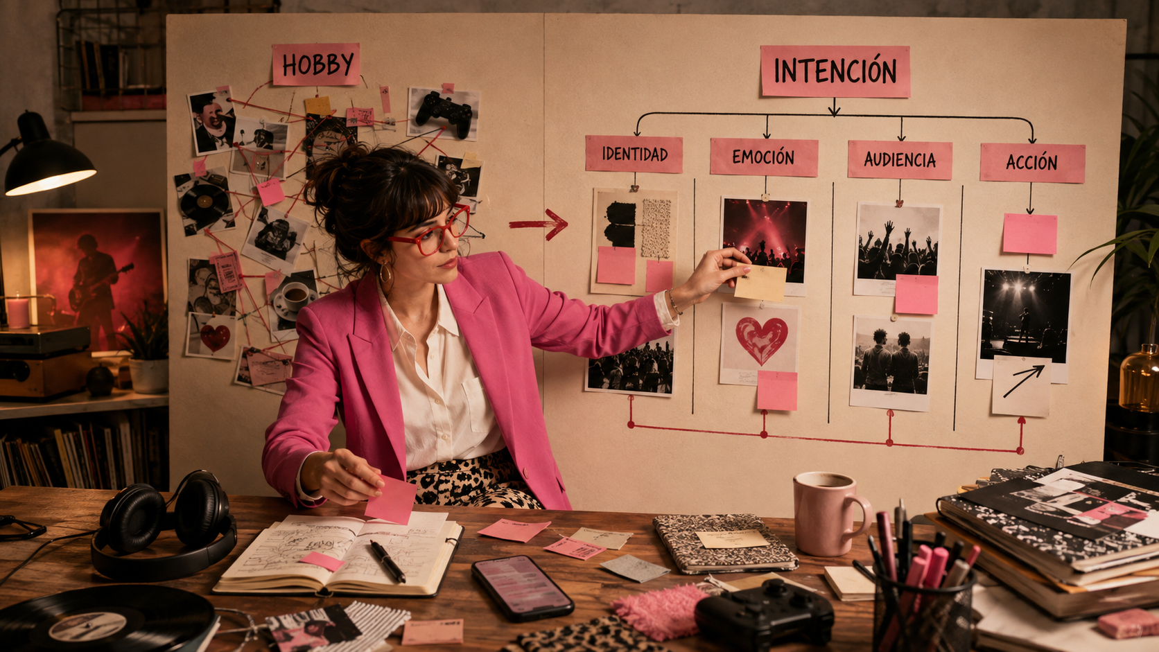 Maider organiza objetos, notas y referencias culturales en un tablero para explicar cómo convertir hobbies reales en contenido con intención para un proyecto musical.