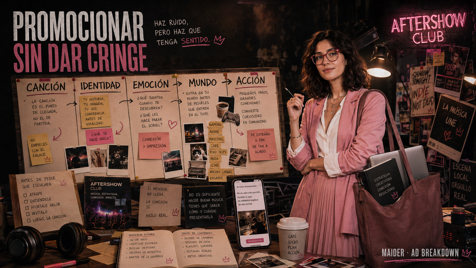 Maider, personaje de Ad Breakdown, analiza un tablero de estrategia sobre cómo promocionar música conectando primero con la identidad y el mundo del artista.