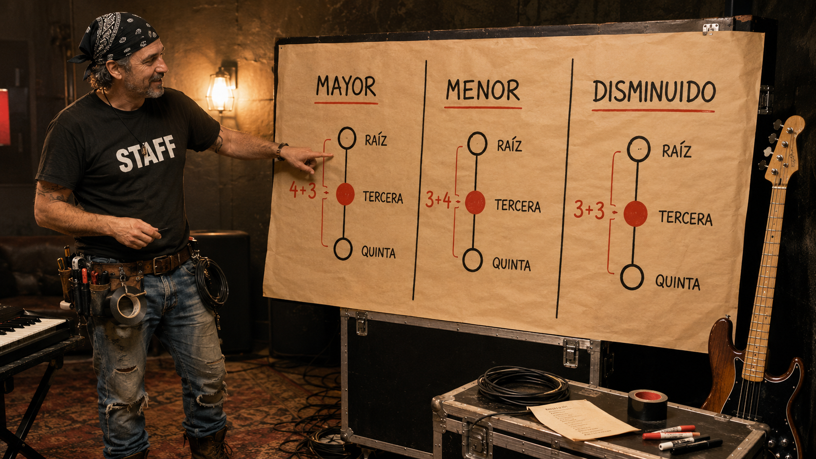 Mat señala una pizarra con ejemplos de tríadas mayor, menor y disminuida y las distancias entre raíz, tercera y quinta.