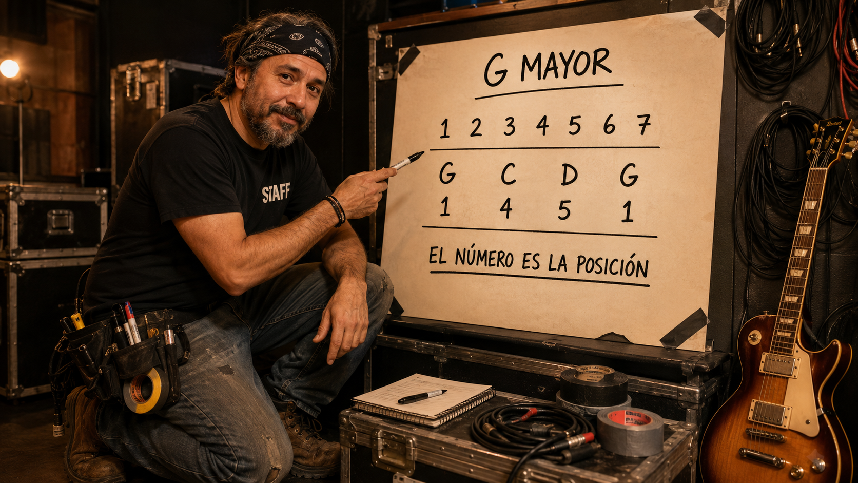 Mat señala un tablero con los acordes G, C y D asociados a los números 1, 4 y 5 dentro de la tonalidad de G mayor.