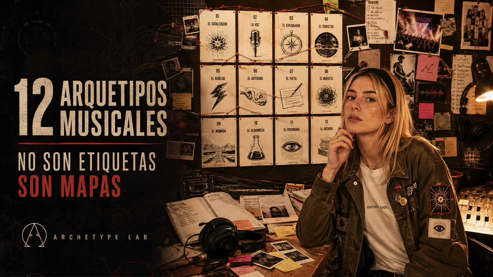 Nina La Cartógrafa en un espacio creativo con tarjetas de arquetipos, notas, flyers y símbolos visuales para mapear identidad musical.