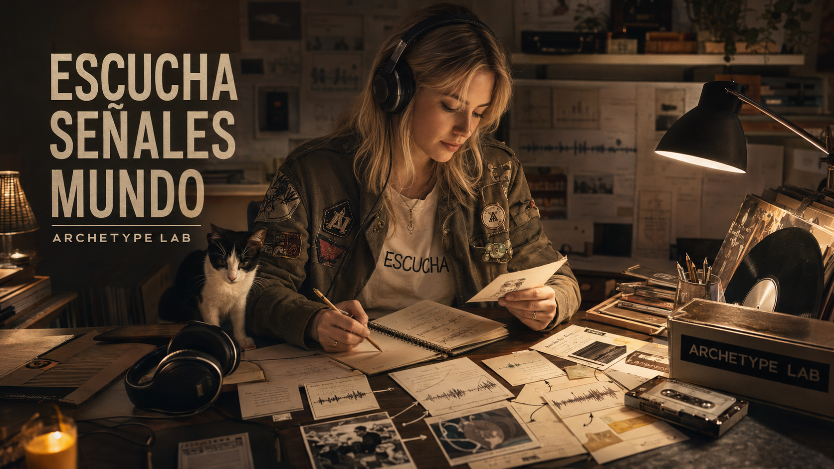 Nina La Cartógrafa escucha música con audífonos y revisa notas, tarjetas y mapas de señales sonoras para leer el mundo de un proyecto musical.
