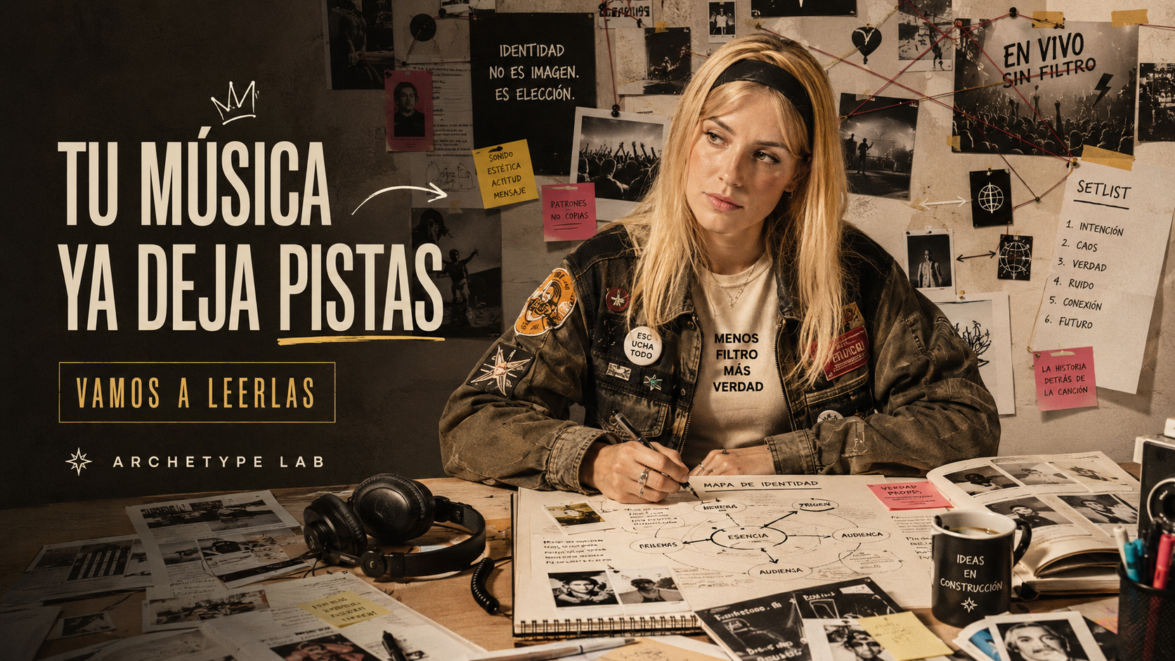 Nina La Cartógrafa sentada en un espacio creativo con una chamarra de parches, libreta, audífonos y referencias visuales de proyectos musicales.