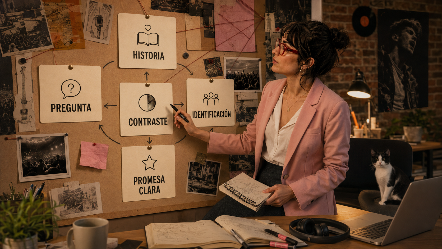 Maider revisa tarjetas con distintos tipos de hooks en un tablero de estrategia para contenido musical.