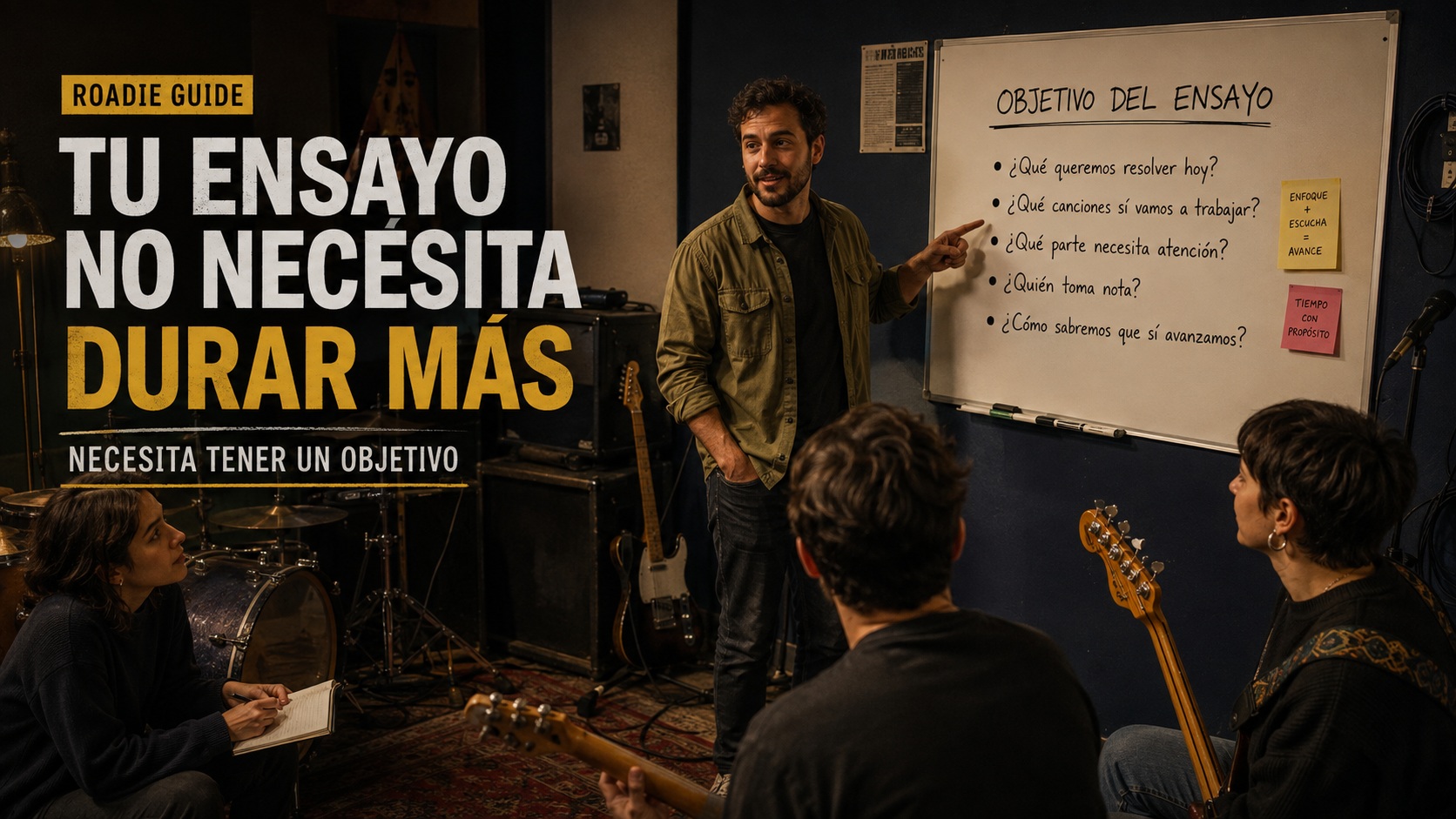 Mat explica a una banda el objetivo del ensayo frente a un pizarrón con un checklist en una sala de ensayo.