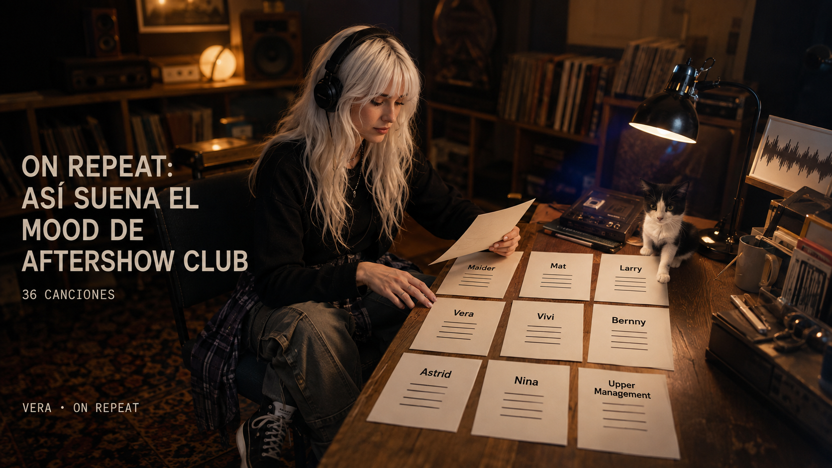 Vera Ghost organiza sobre una mesa las selecciones musicales del equipo de Aftershow Club mientras Oli descansa junto a ella.