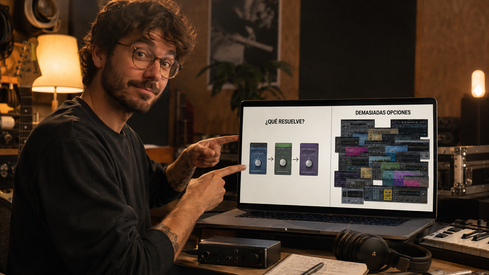 Larry compara una cadena simple de plugins en una laptop con otra sesión saturada de muchas ventanas y efectos.