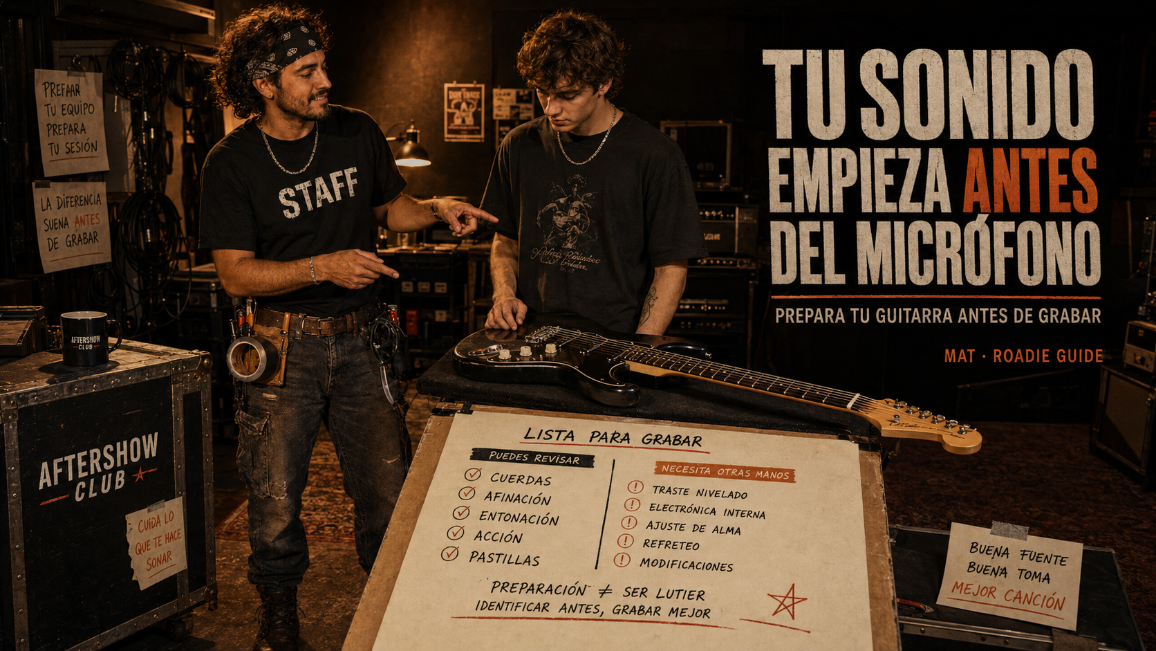 Mat revisa cuerdas, afinación y estado general de una guitarra antes de una sesión de grabación.