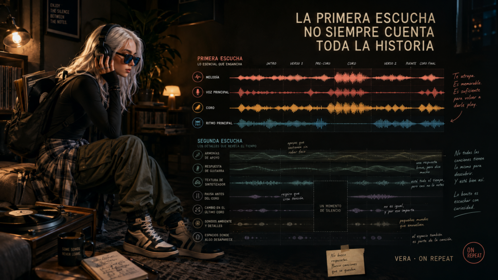 Vera escucha una canción con audífonos mientras distintos detalles musicales aparecen visualmente a su alrededor.