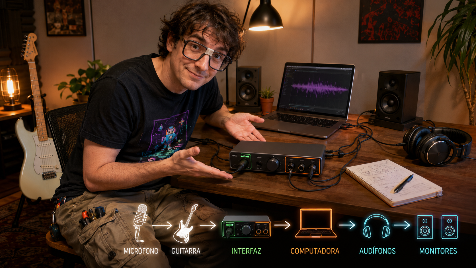 Larry conecta una guitarra y un micrófono a una interfaz de audio frente a una computadora y unos audífonos.