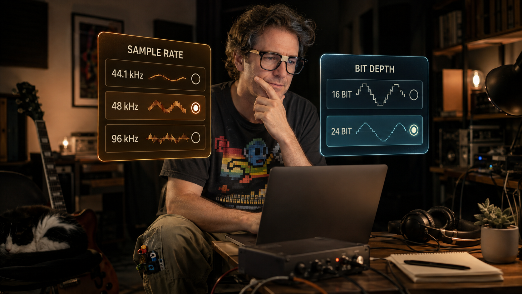 Larry observa una sesión de audio con controles conceptuales de sample rate y bit depth en una laptop.