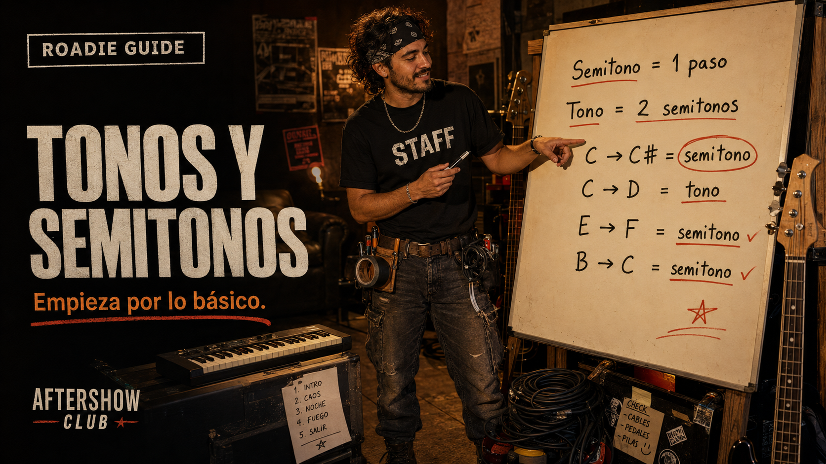 Mat, El Roadie, señala una pizarra con ejemplos de tono y semitono junto a un teclado y una guitarra en un espacio de ensayo.