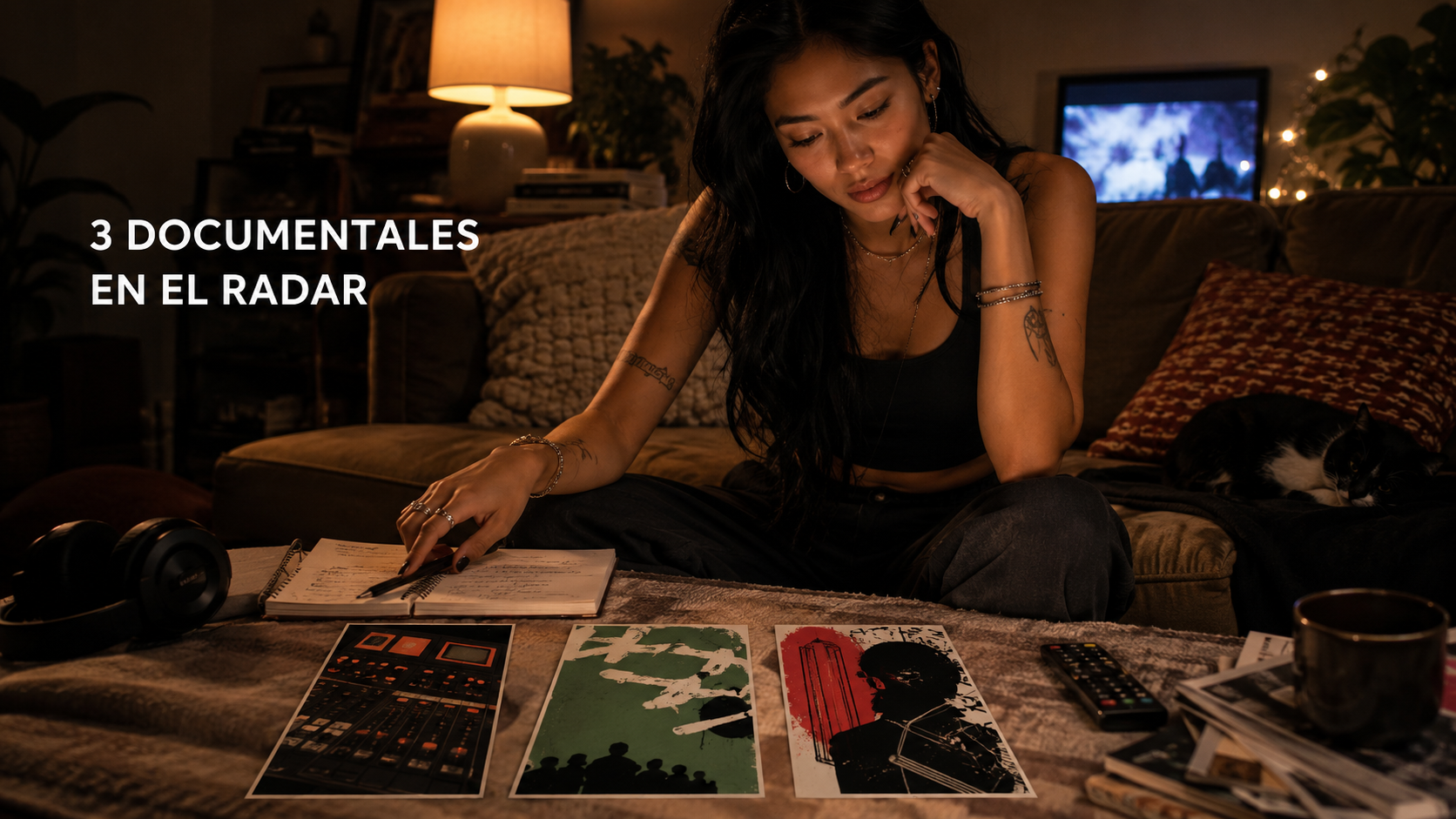 Vivi revisa tres documentales musicales desde un sofá en un espacio creativo con referencias visuales a estudio, escena punk y rock.