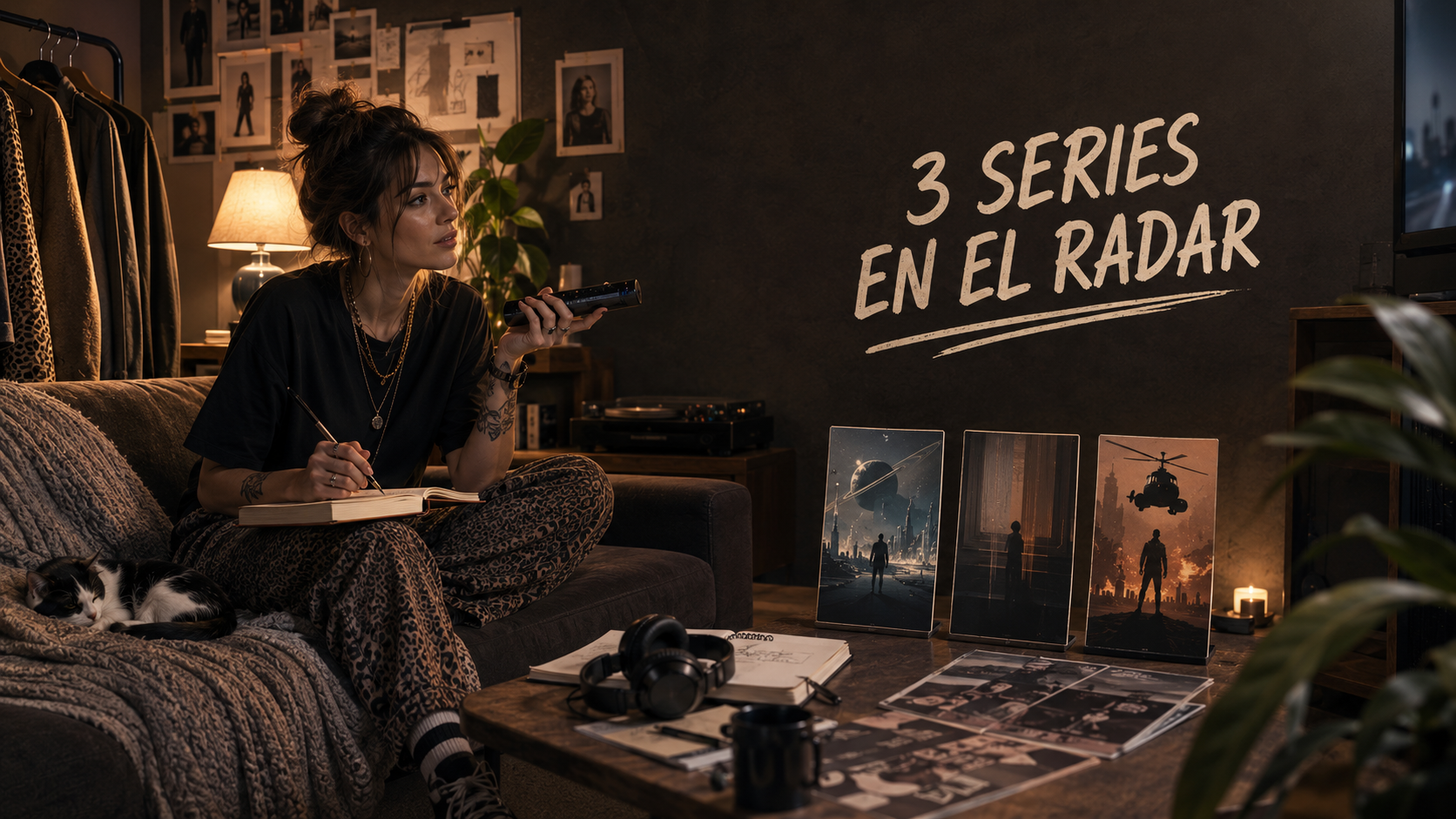 Vivi revisa próximos estrenos de series desde un sofá mientras tres tarjetas visuales representan distintos géneros; Oli descansa a su lado.