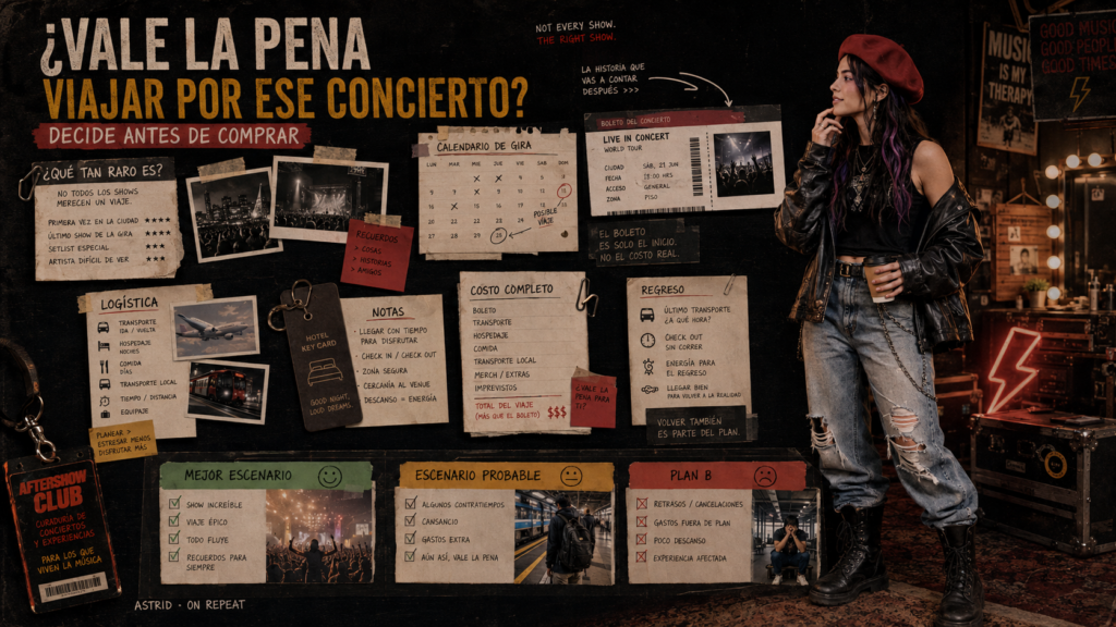 Astrid compara la rareza del concierto, el costo total y la logística antes de comprar un boleto fuera de su ciudad.