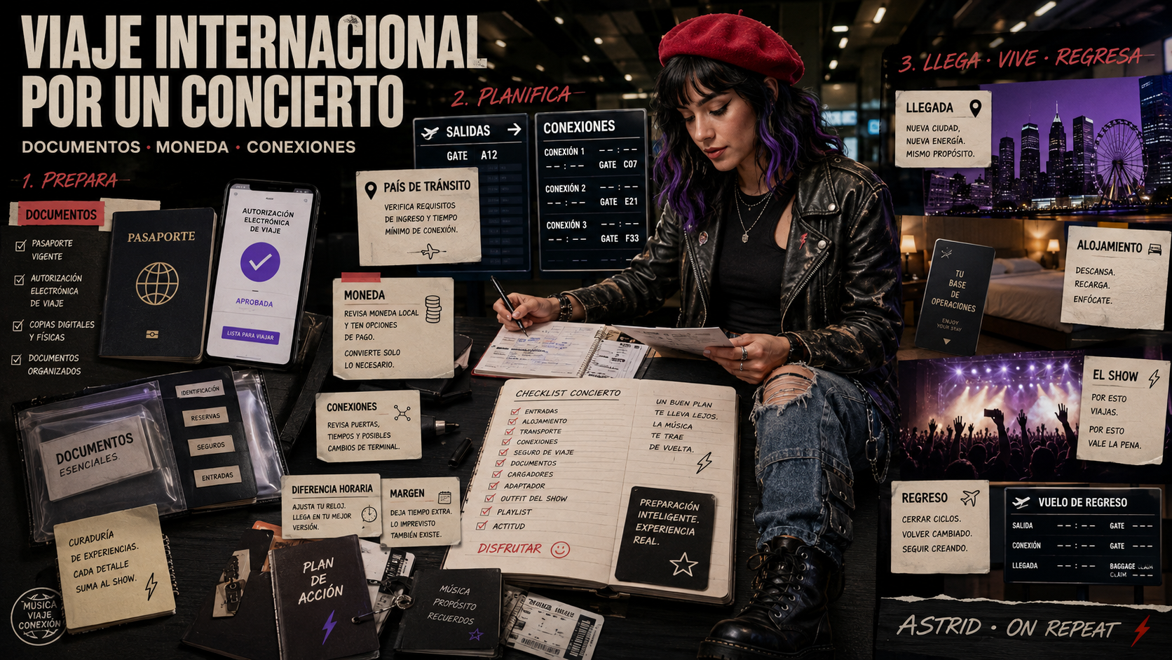 Astrid revisa documentos, moneda, conexiones y margen de tiempo para viajar a un concierto internacional