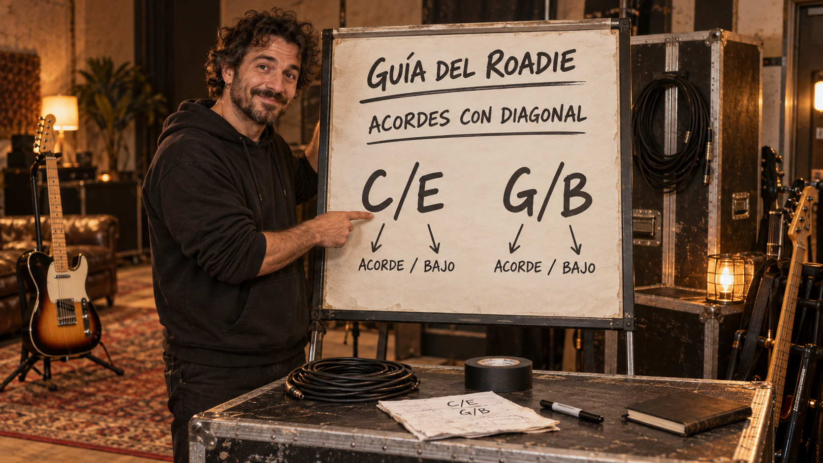 Mat señala una hoja de ensayo con ejemplos C/E y G/B, mostrando el acorde principal y la nota que debe quedar en el bajo.