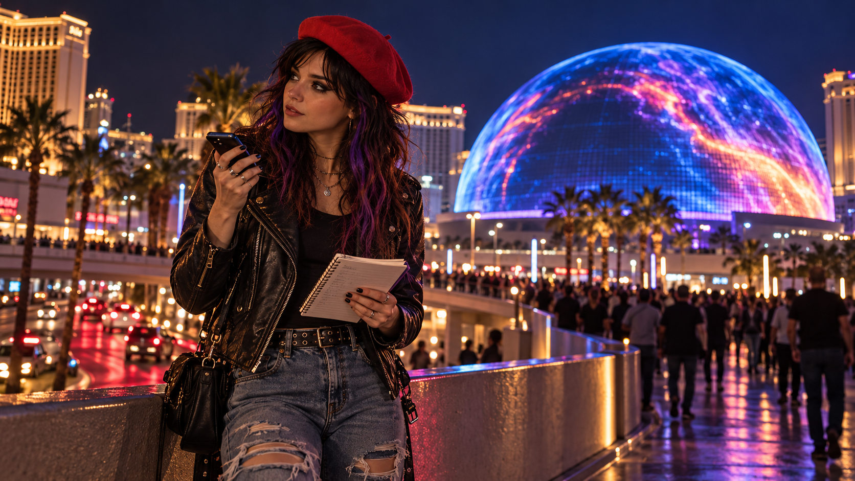 Astrid reporta desde Las Vegas con Sphere iluminada al fondo durante la residencia de Metallica.