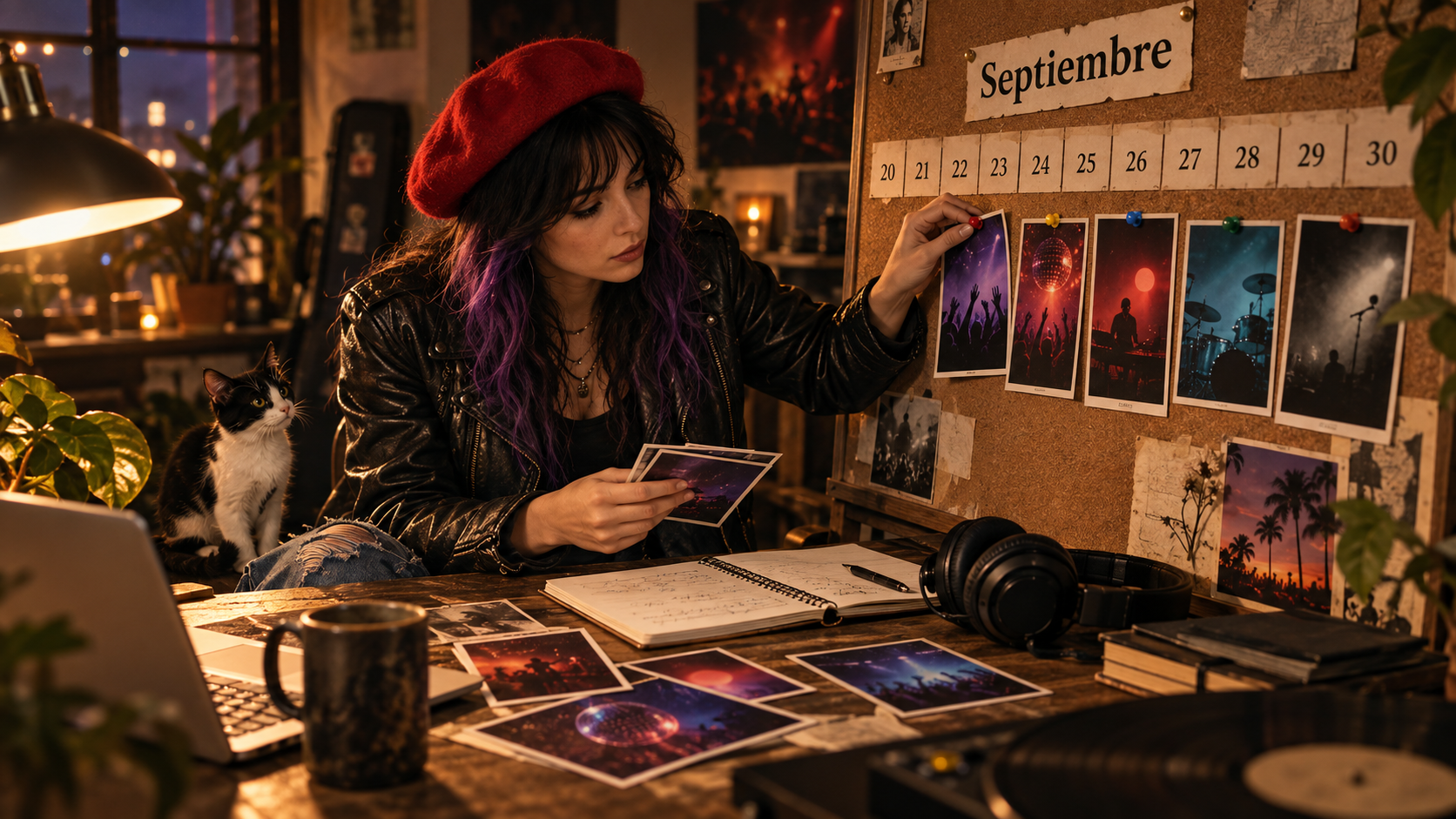 Astrid revisa un calendario con fechas de conciertos de la última semana de septiembre mientras Oli descansa sobre el escritorio.