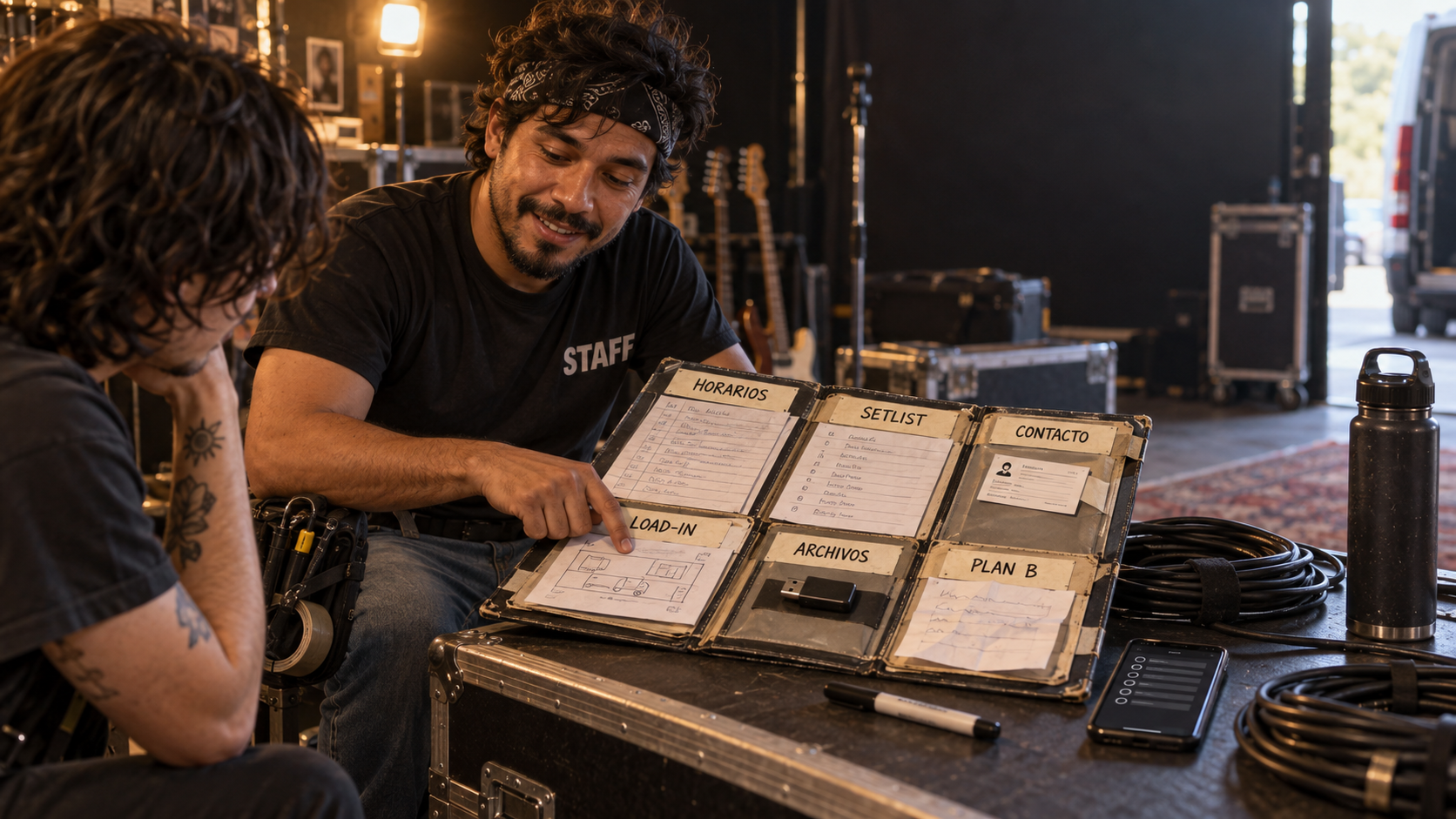 Mat revisa una carpeta de show con horarios, setlist, contactos y notas operativas antes de salir al venue.