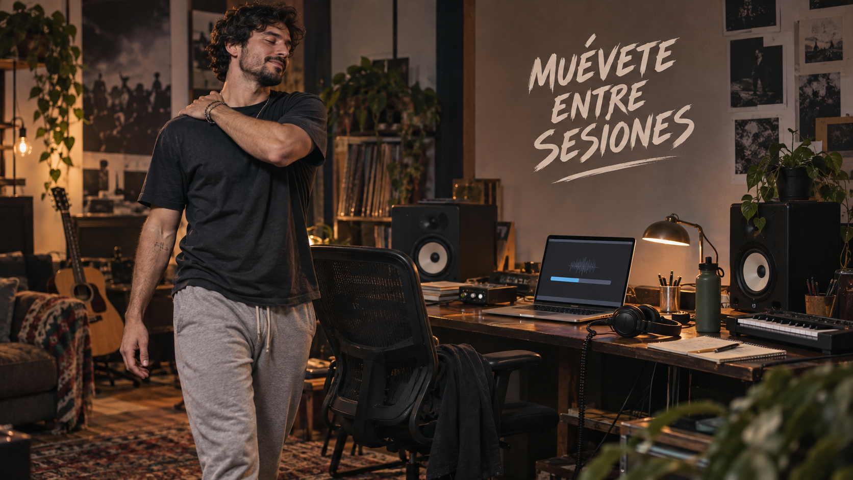 Bernny se levanta de una silla y se mueve junto a un escritorio de estudio con laptop, audífonos y equipo musical.