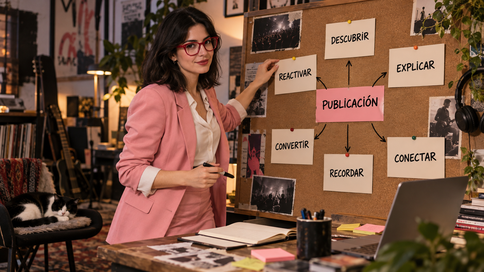 Maider organiza en un tablero distintas funciones posibles para publicaciones de un proyecto musical.