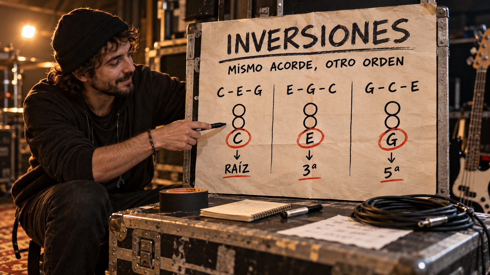 Mat señala tres disposiciones del acorde de C mayor: C-E-G, E-G-C y G-C-E, para explicar posición fundamental, primera y segunda inversión.