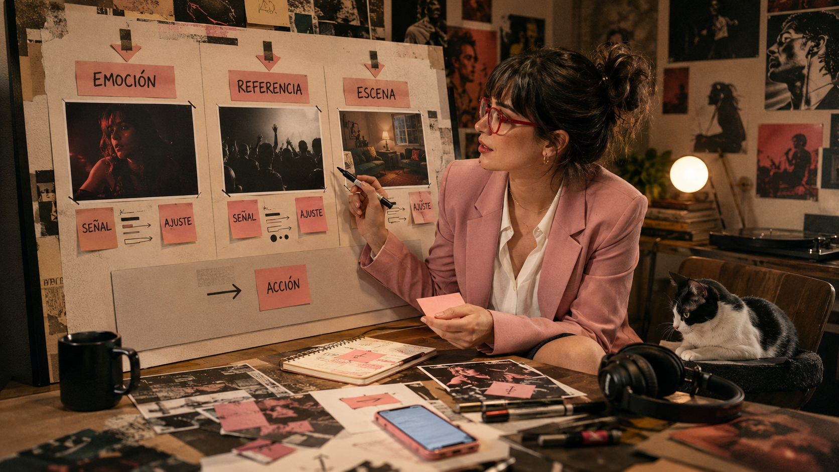 Maider analiza tres pruebas de contenido en un tablero para medir qué puerta de identidad conecta mejor con futuros fans.