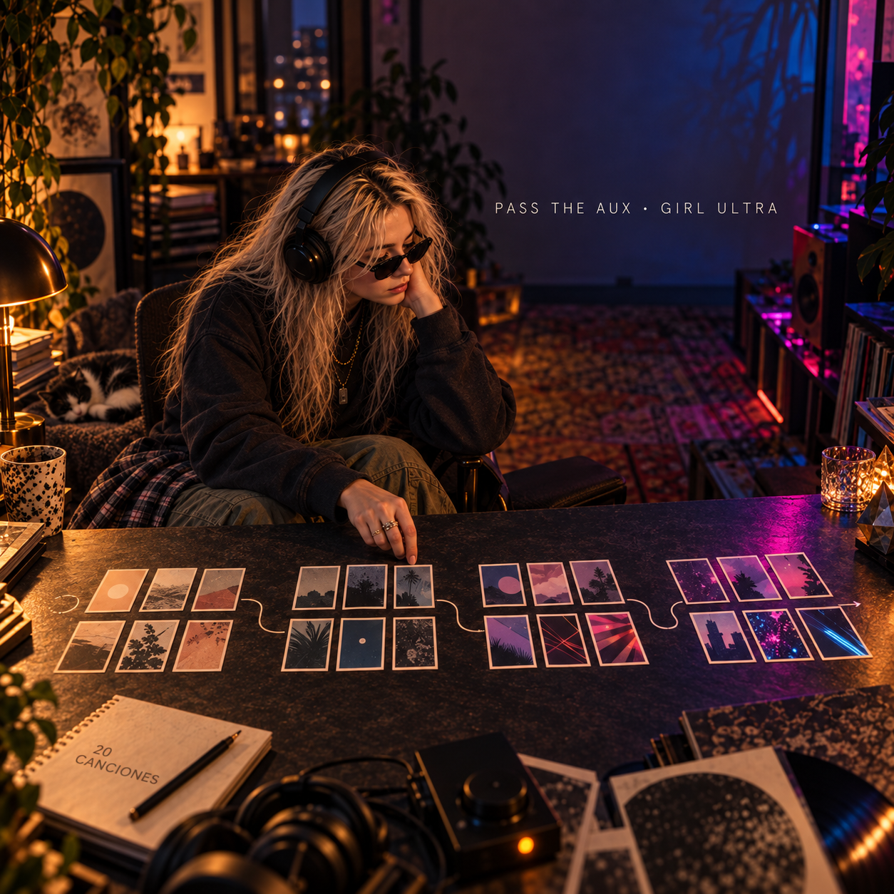 Vera Ghost organiza una playlist de 20 canciones de Girl Ultra en cuatro actos mientras Oli descansa junto a la mesa.