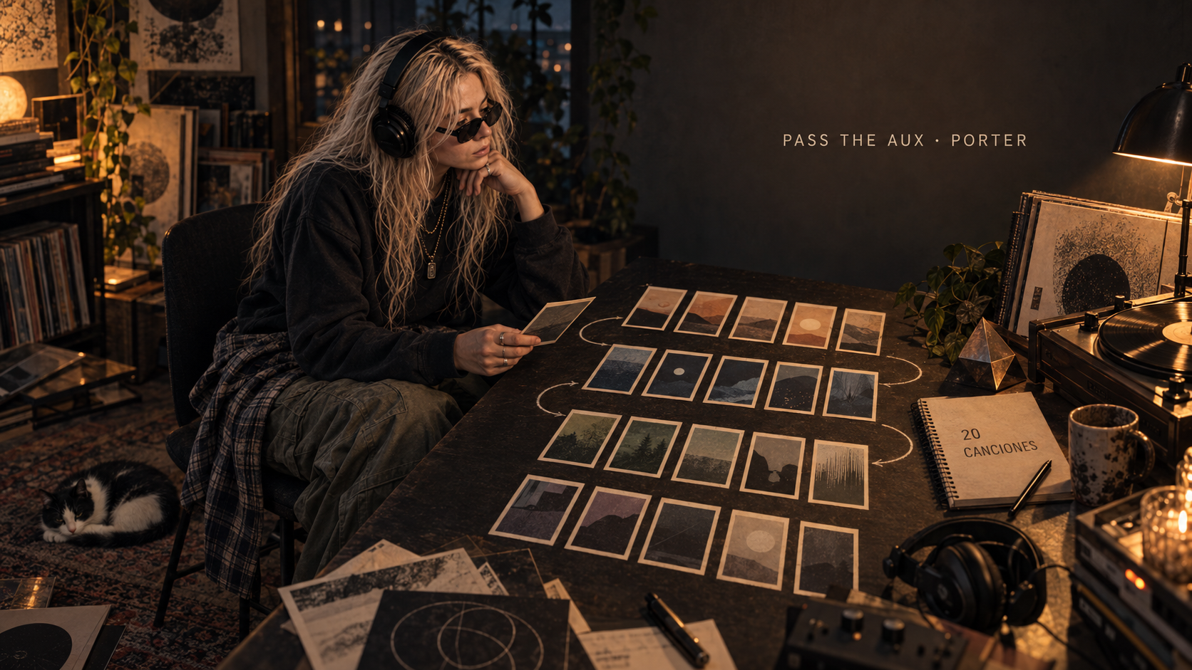 Vera Ghost organiza una playlist de 20 canciones de Porter en una sala de escucha mientras Oli descansa junto a la mesa.
