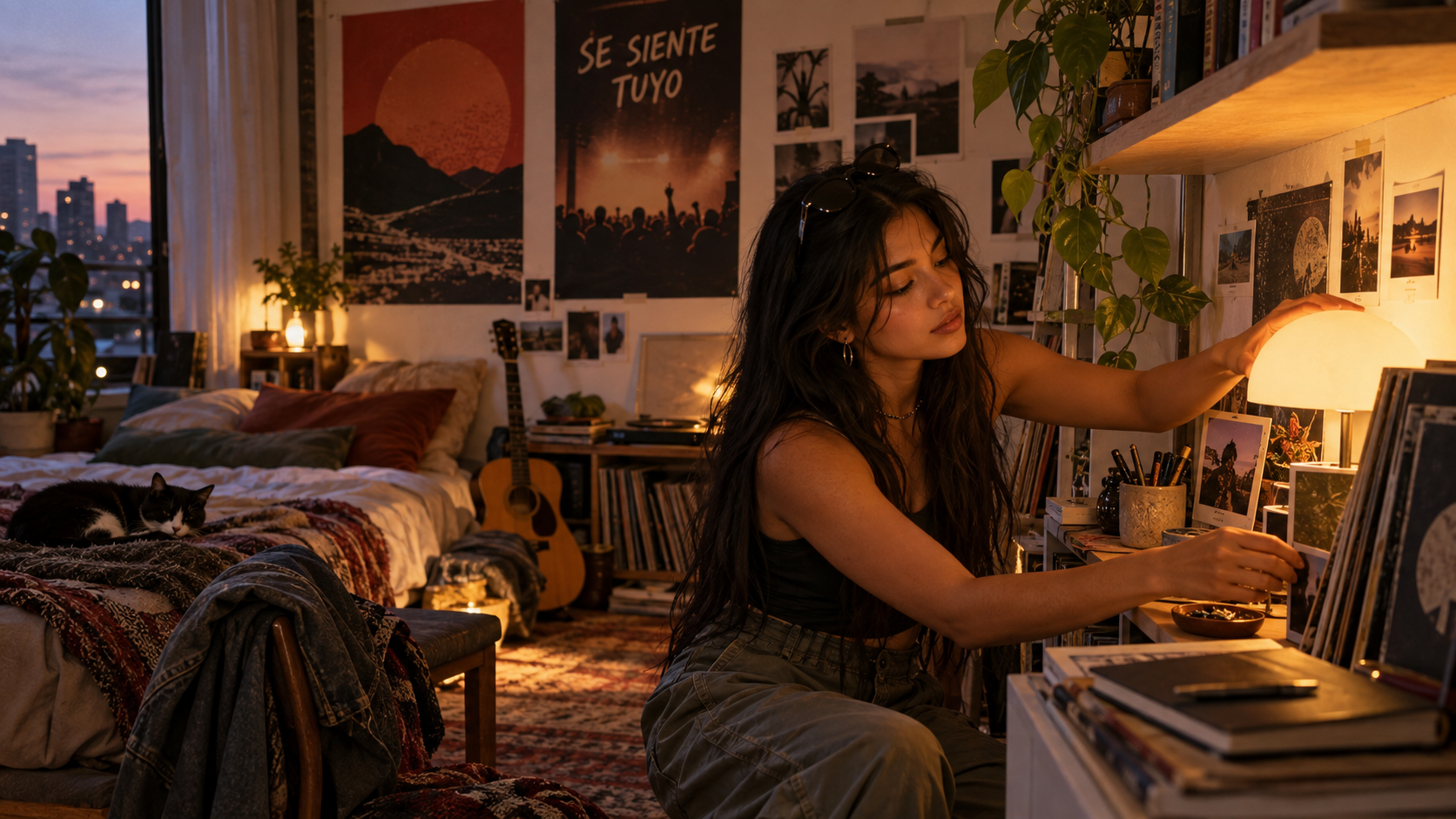 Vivi acomoda una lámpara y objetos personales en un cuarto creativo con ropa, libros, posters y detalles musicales.
