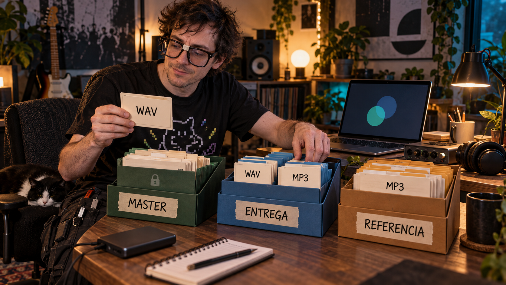 Larry organiza archivos WAV y MP3 en un escritorio de producción musical y separa el master de las copias para compartir.